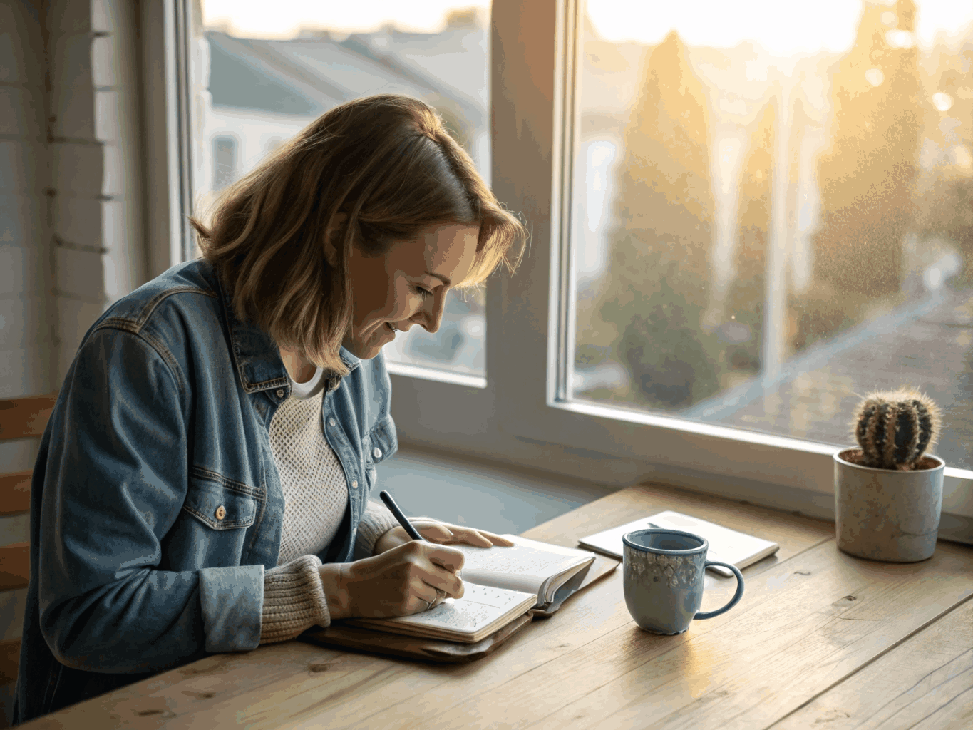 A published author writing a story in a warm, sunlit home office