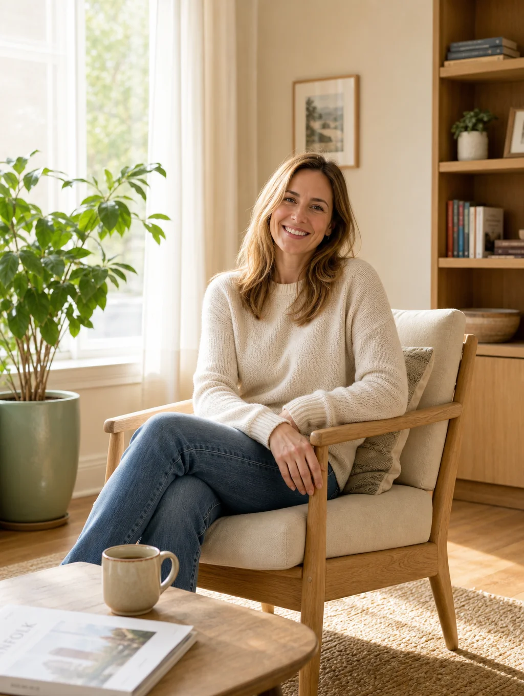 A published children's book author smiling warmly in a cozy, sunlit reading nook