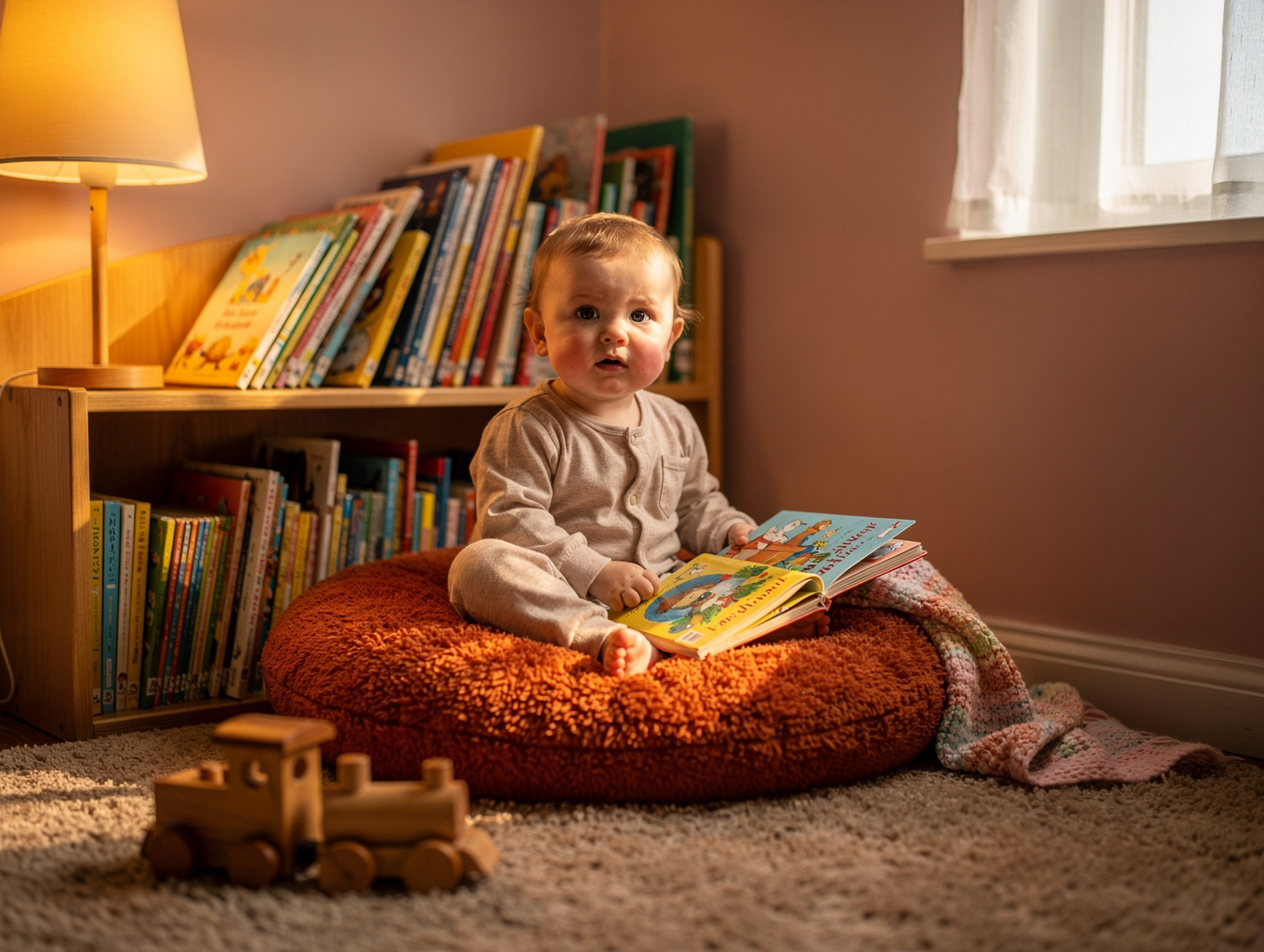 A cozy bedroom scene with a child reading a magical storybook