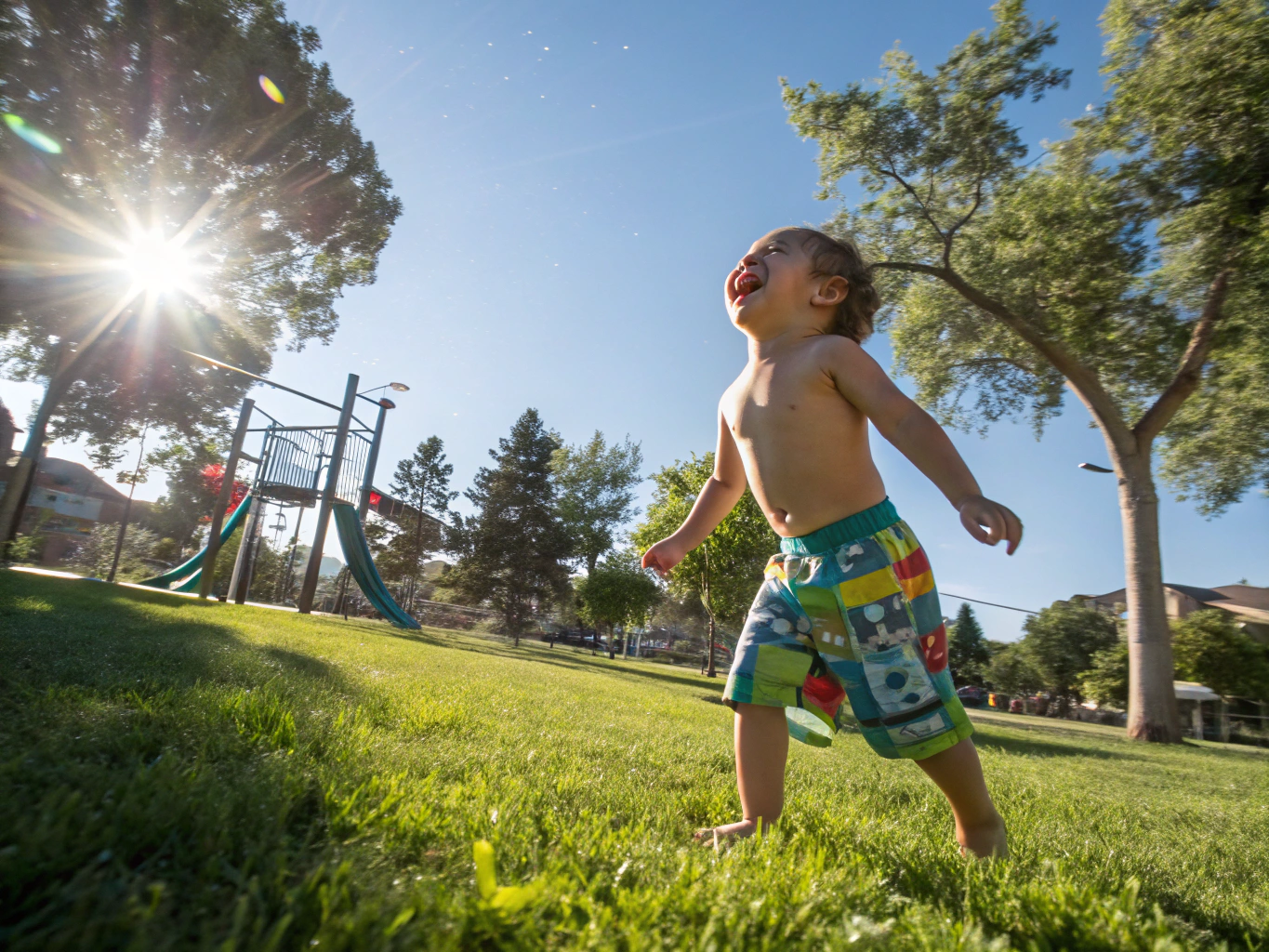 A happy child imagining themselves as a hero in a storybook