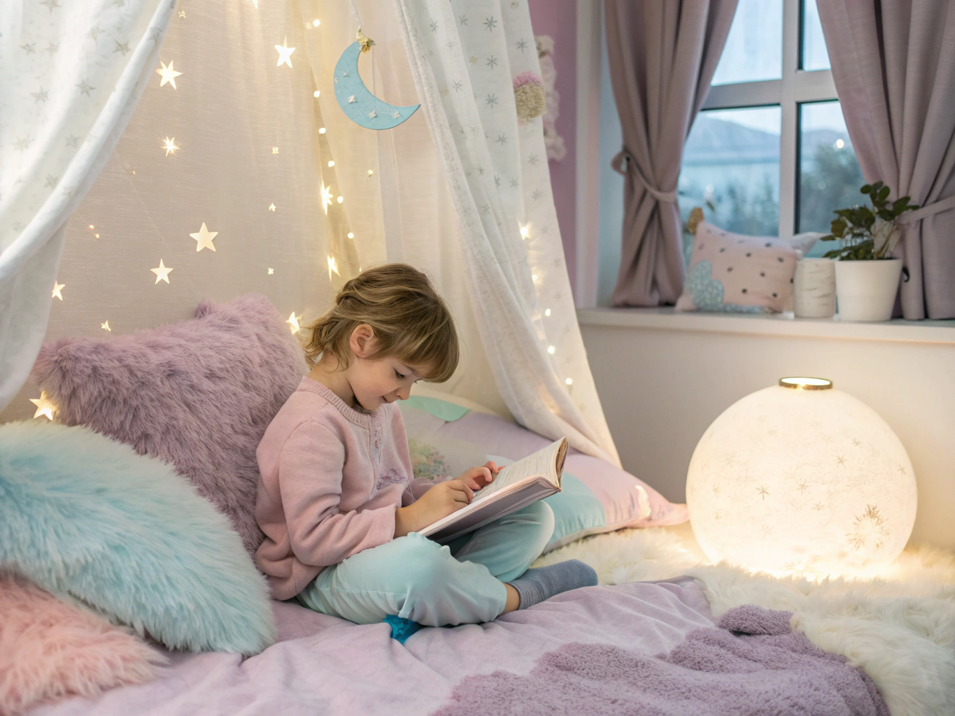 A cozy, magical illustration of a child reading a glowing personalized bedtime storybook in a warm bedroom