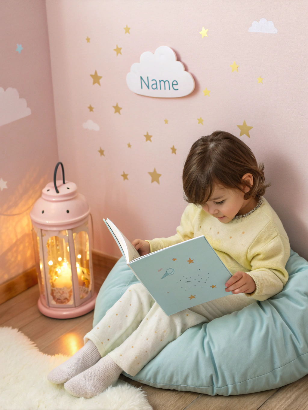 A child reading a magical book in a cozy bedroom with glowing stars
