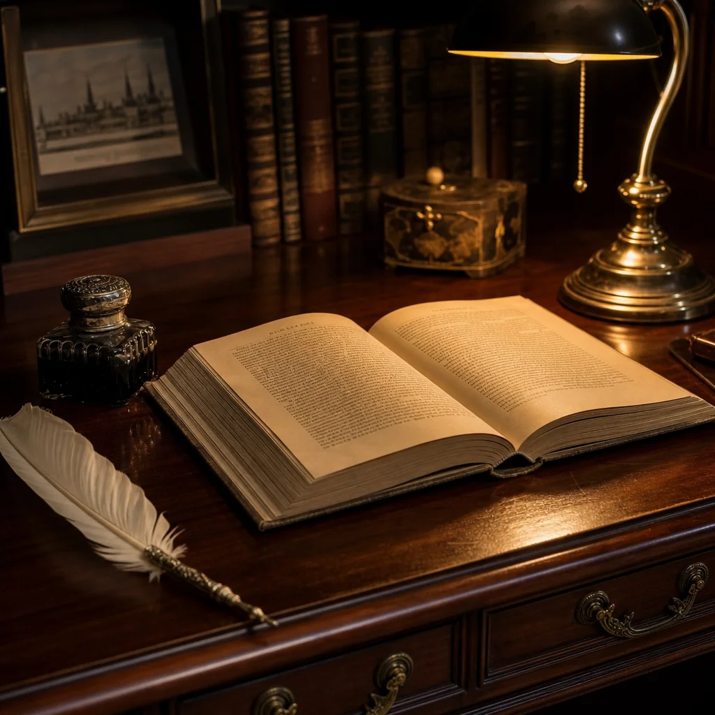 Whimsical storybook elements like a quill and star-shaped confetti on a wooden desk
