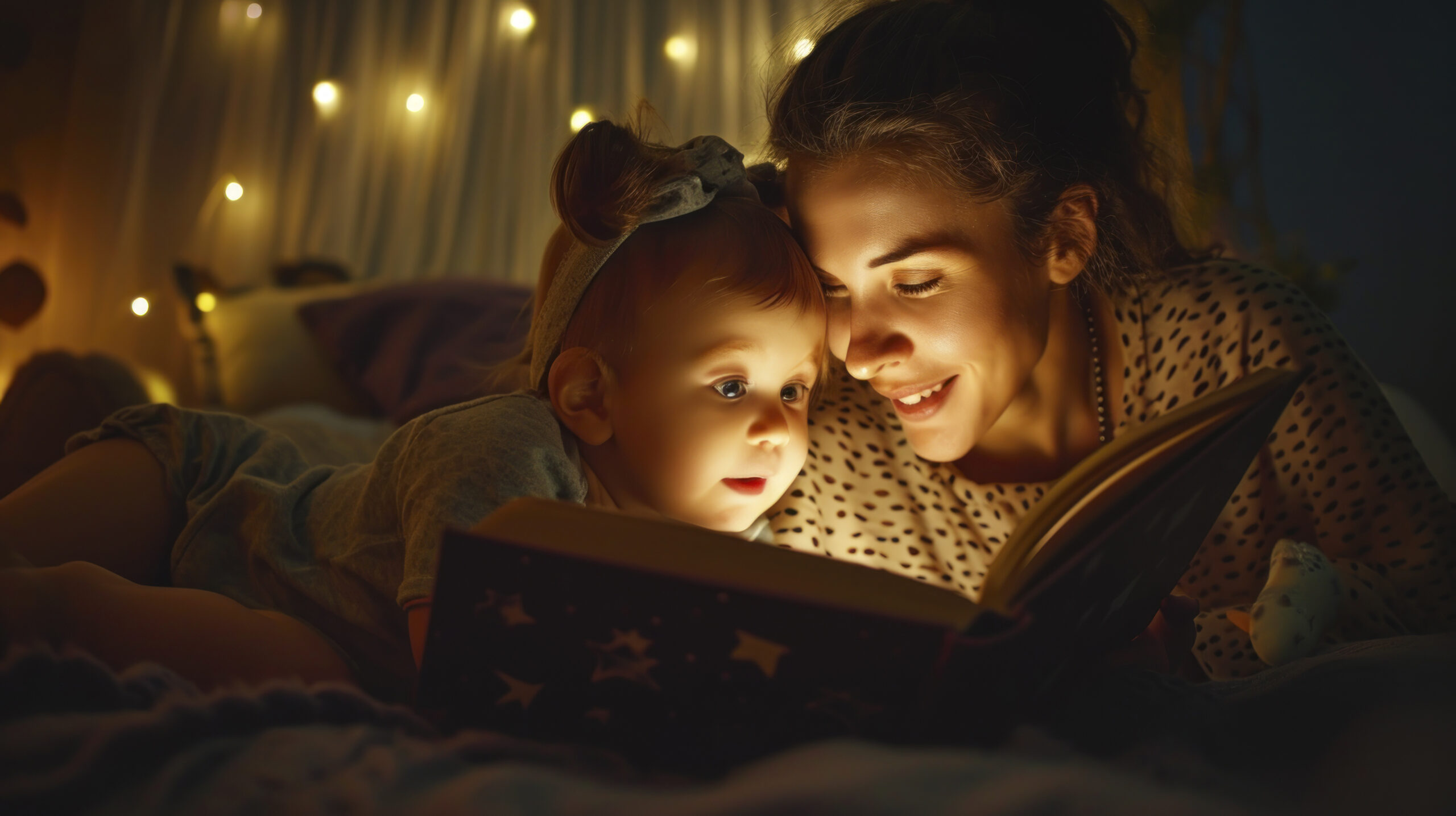 Mom reading a personalized bedtime story to her baby
