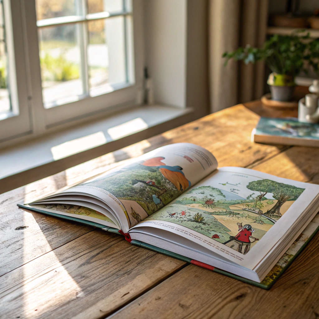 An open, beautifully illustrated children's book resting on a soft cream-colored blanket