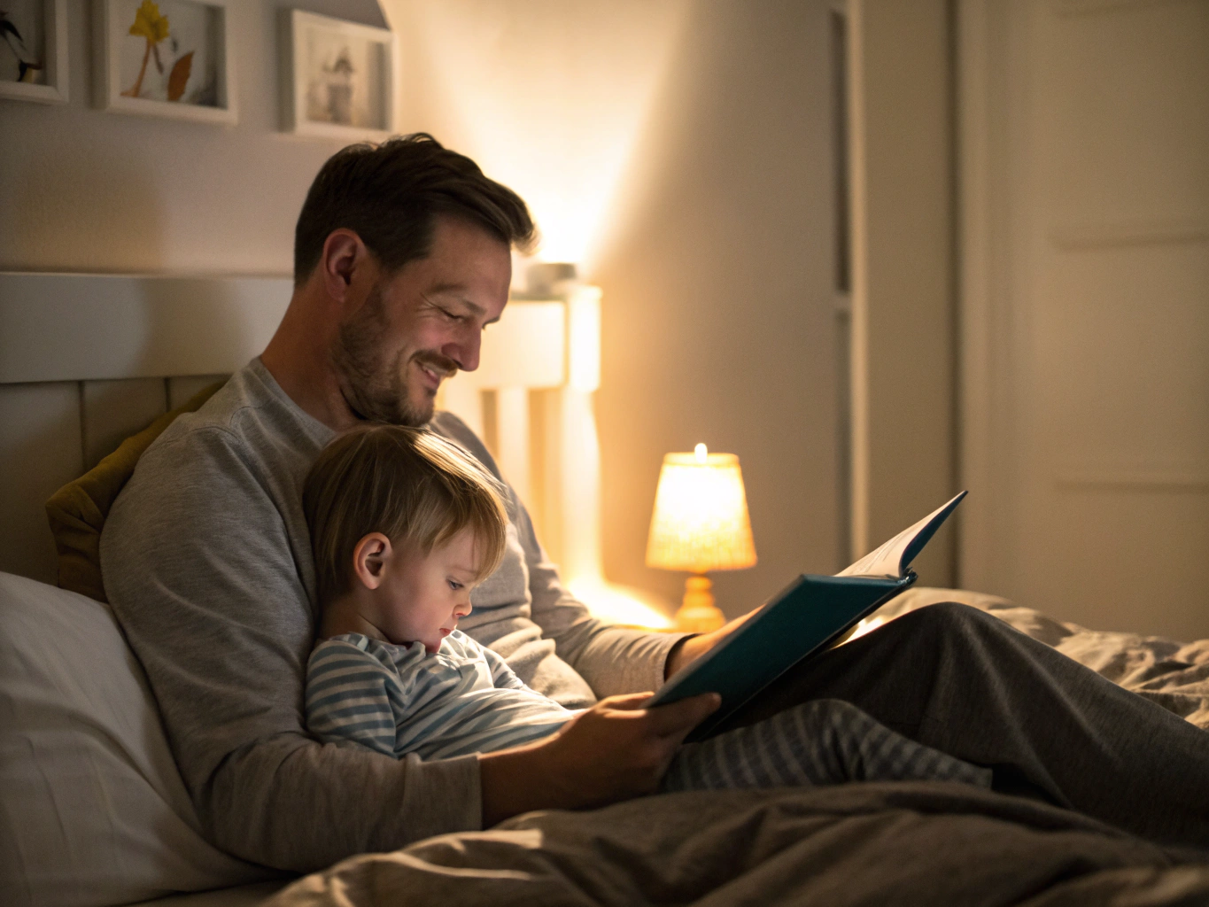 A mother reading a personalized story to her child at bedtime