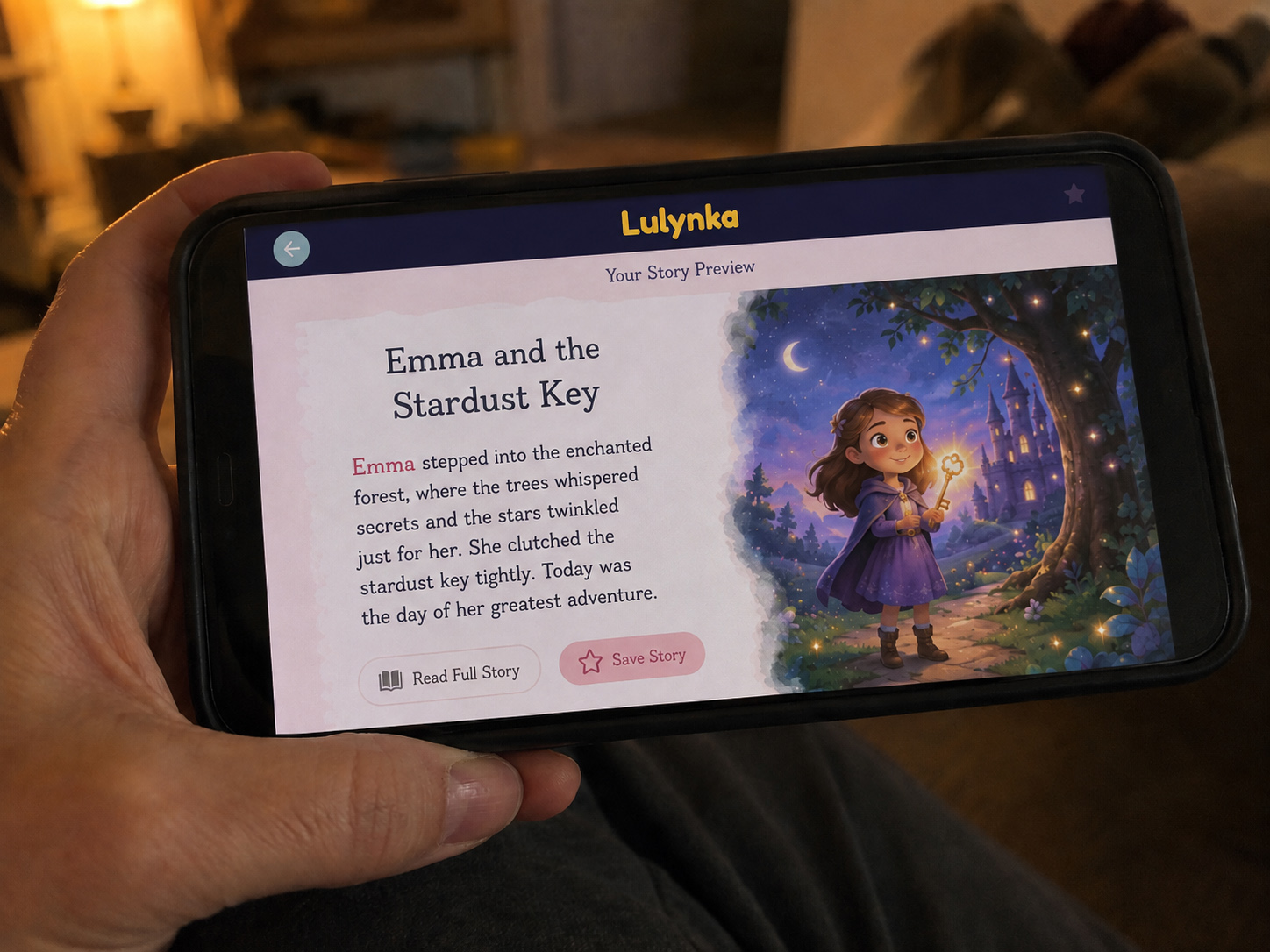 Phone screen showing a personalized Lulynka story preview with a child's name in the text