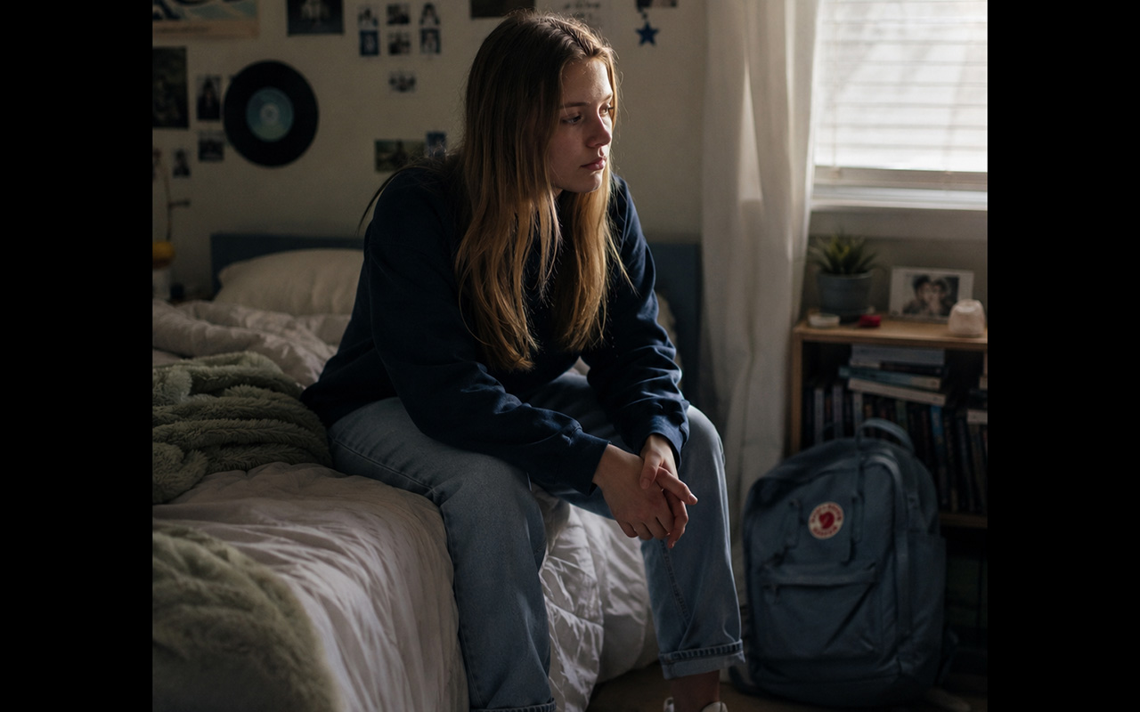 Teenage girl sitting on her bed in the morning, backpack already packed beside her, not yet ready to start the day