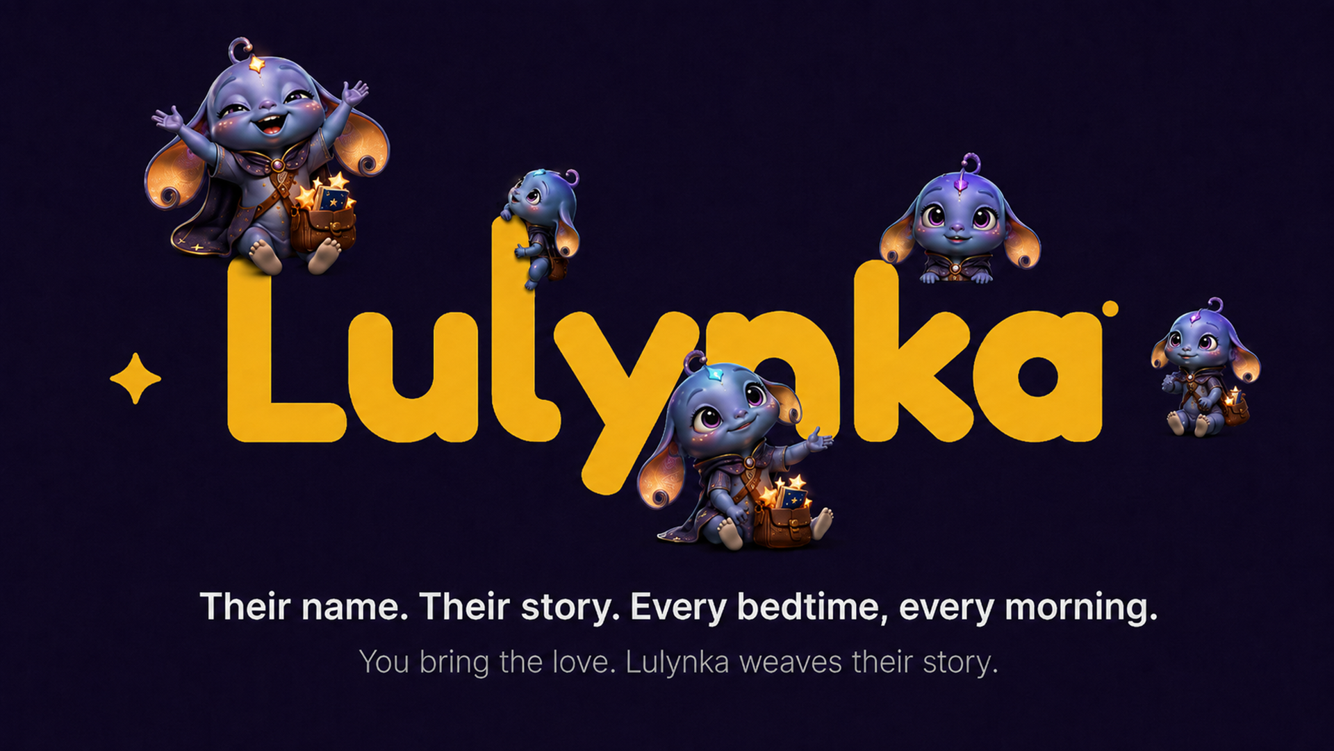 Lulynka mascot characters surround the brand logo — personalized bedtime and morning stories for kids and teens
